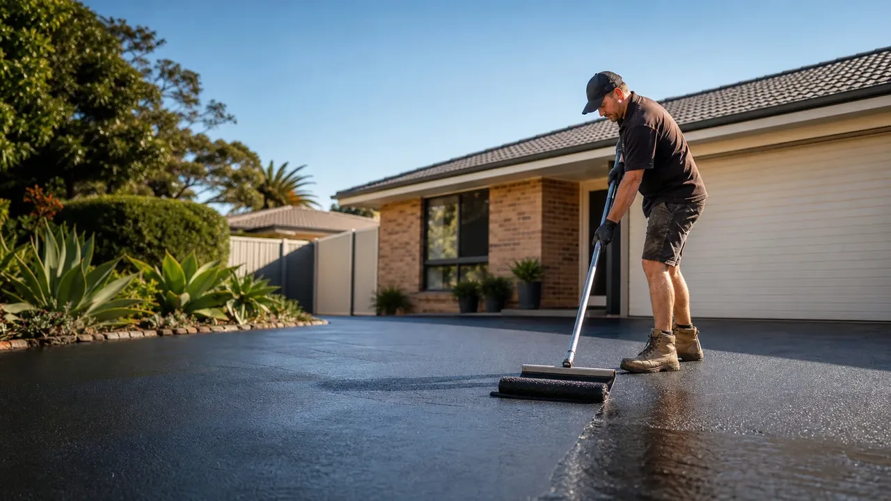 Illustration of a worker applying a dark driveway coating